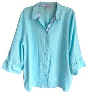 Chico’s No Iron Linen Aqua Button Down Shirt Size 4 1X